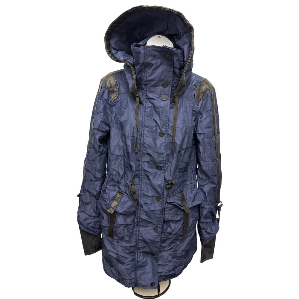 Blanc Noir Women Blue Camo Hooded Anorak Coat Jacket coat hooded SZ Small - Picture 2 of 6